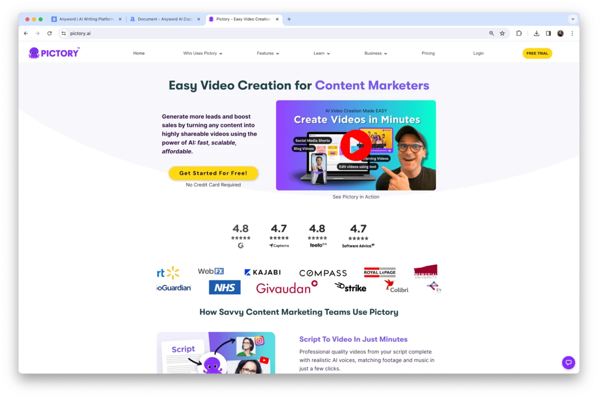 Pictory website homepage, Pictory