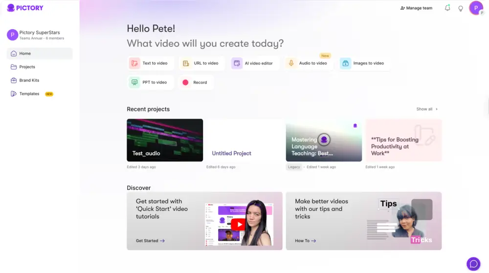 Pictory PPT To Video - Dashboard