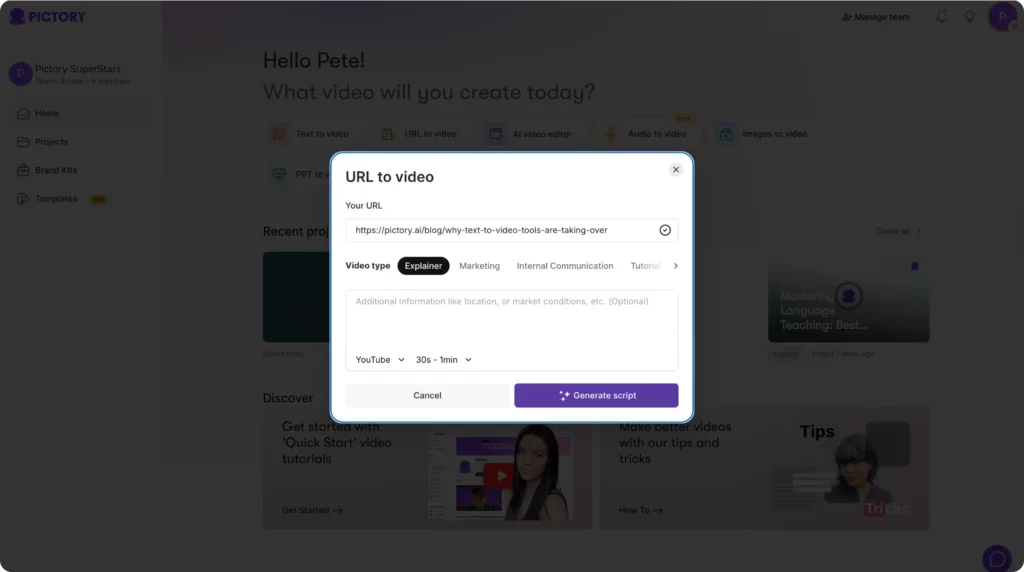 URL to video upload prompt