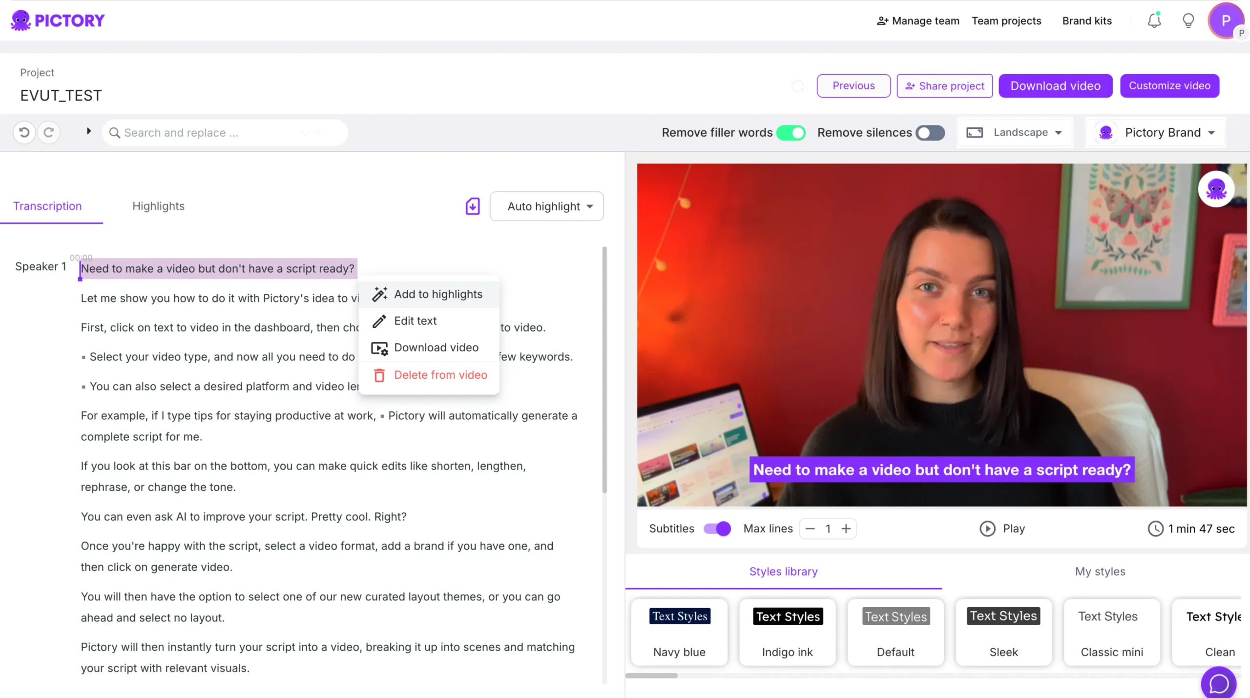 transcript text options menu