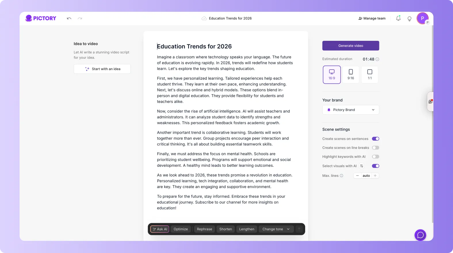idea to video script generated