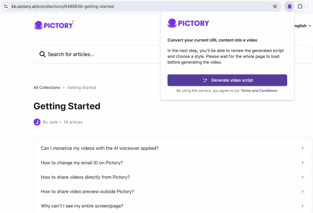 link to video chrome extension pictory