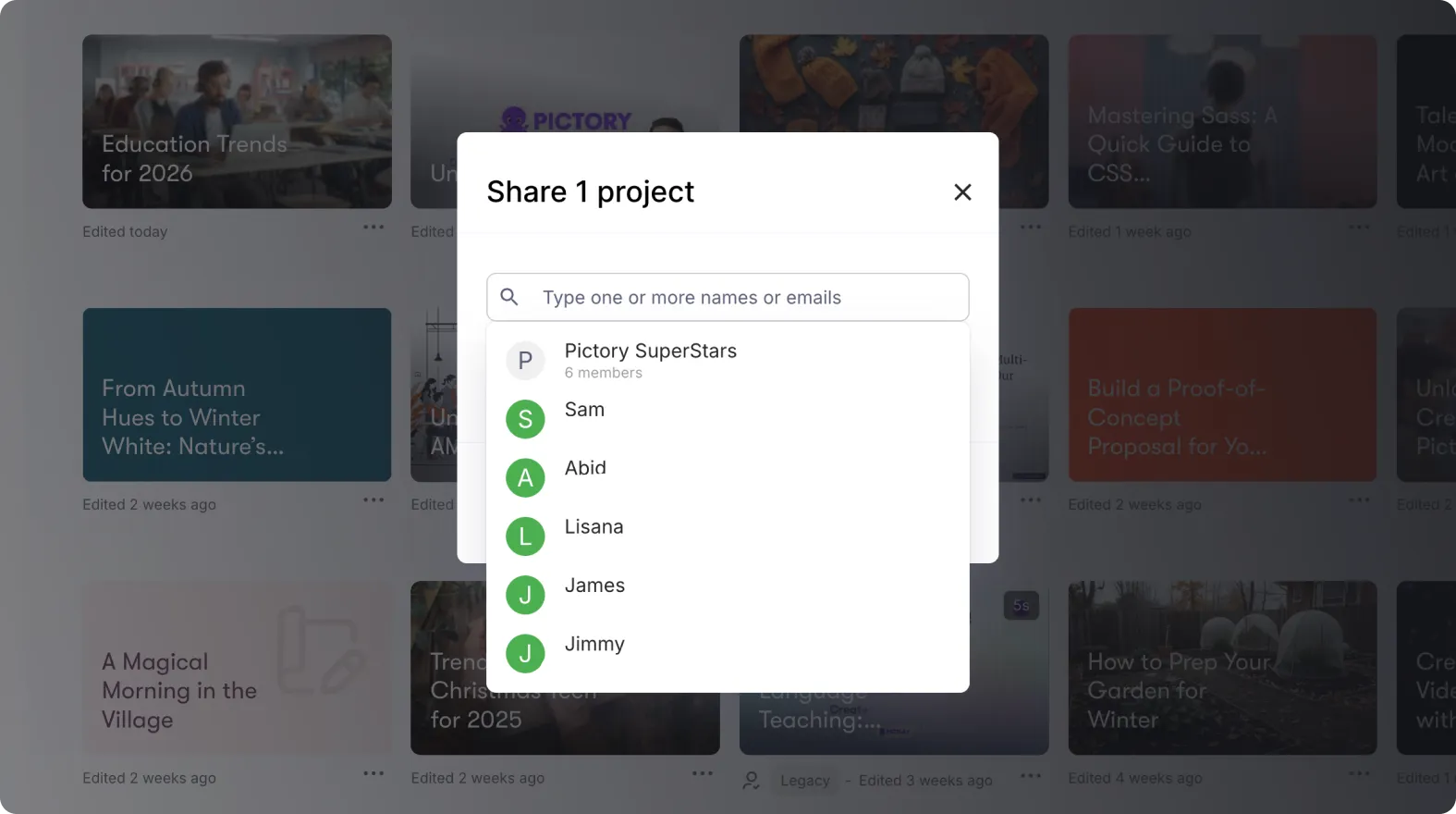 share from projects dashboard