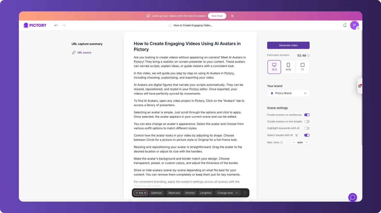 Video script generated from URL to Video