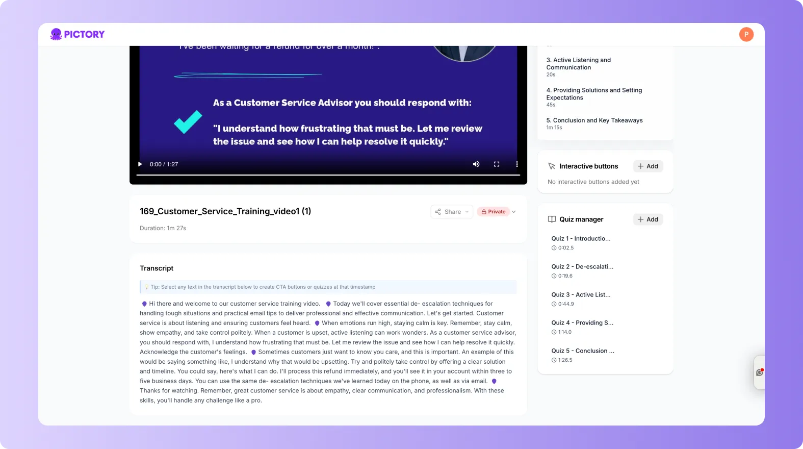 pictory central video transcript and quiz manager