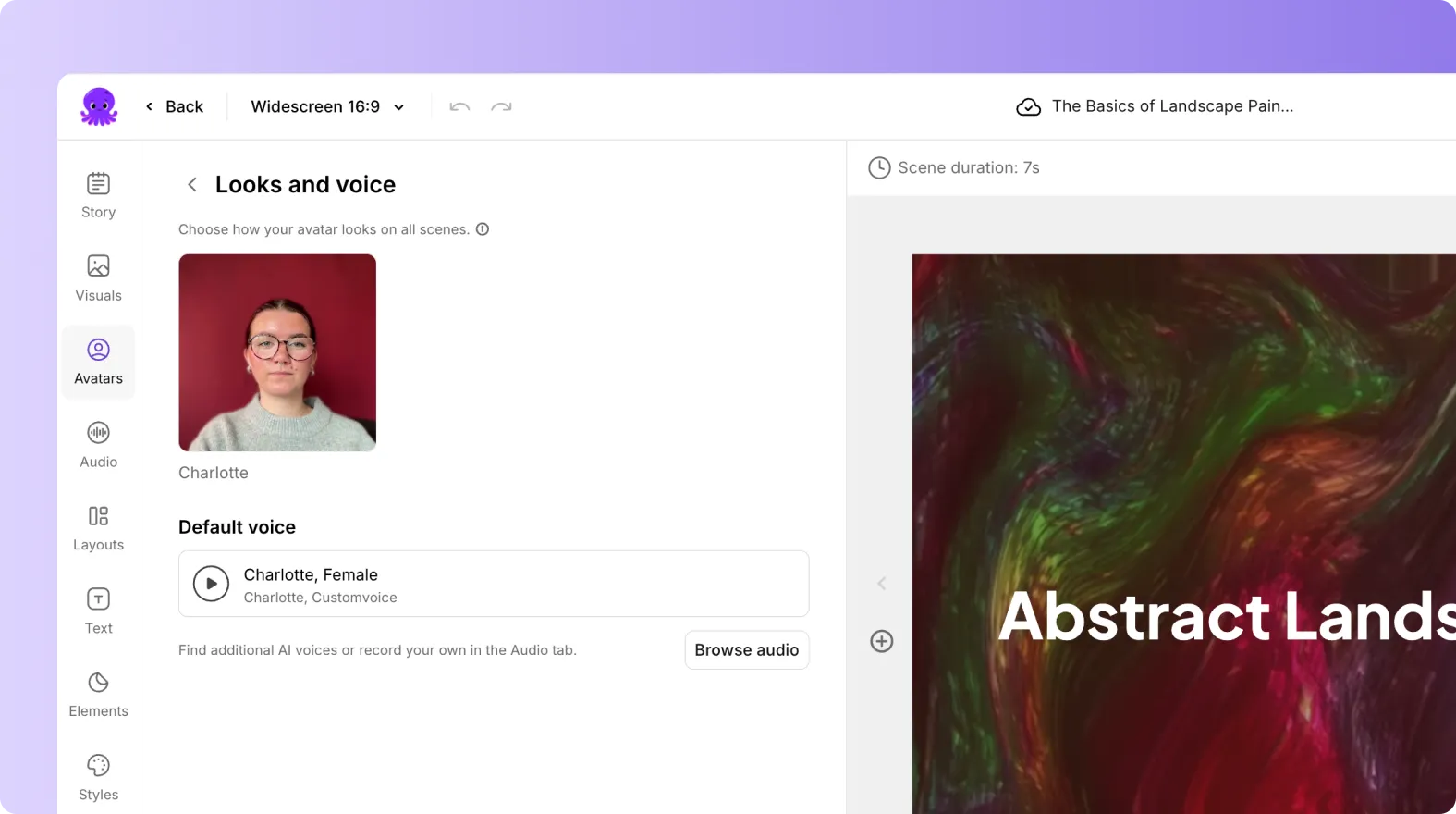 Pictory video editor interface showing an AI avatar presenter in a scene with a voice clone audio waveform visible in the audio panel