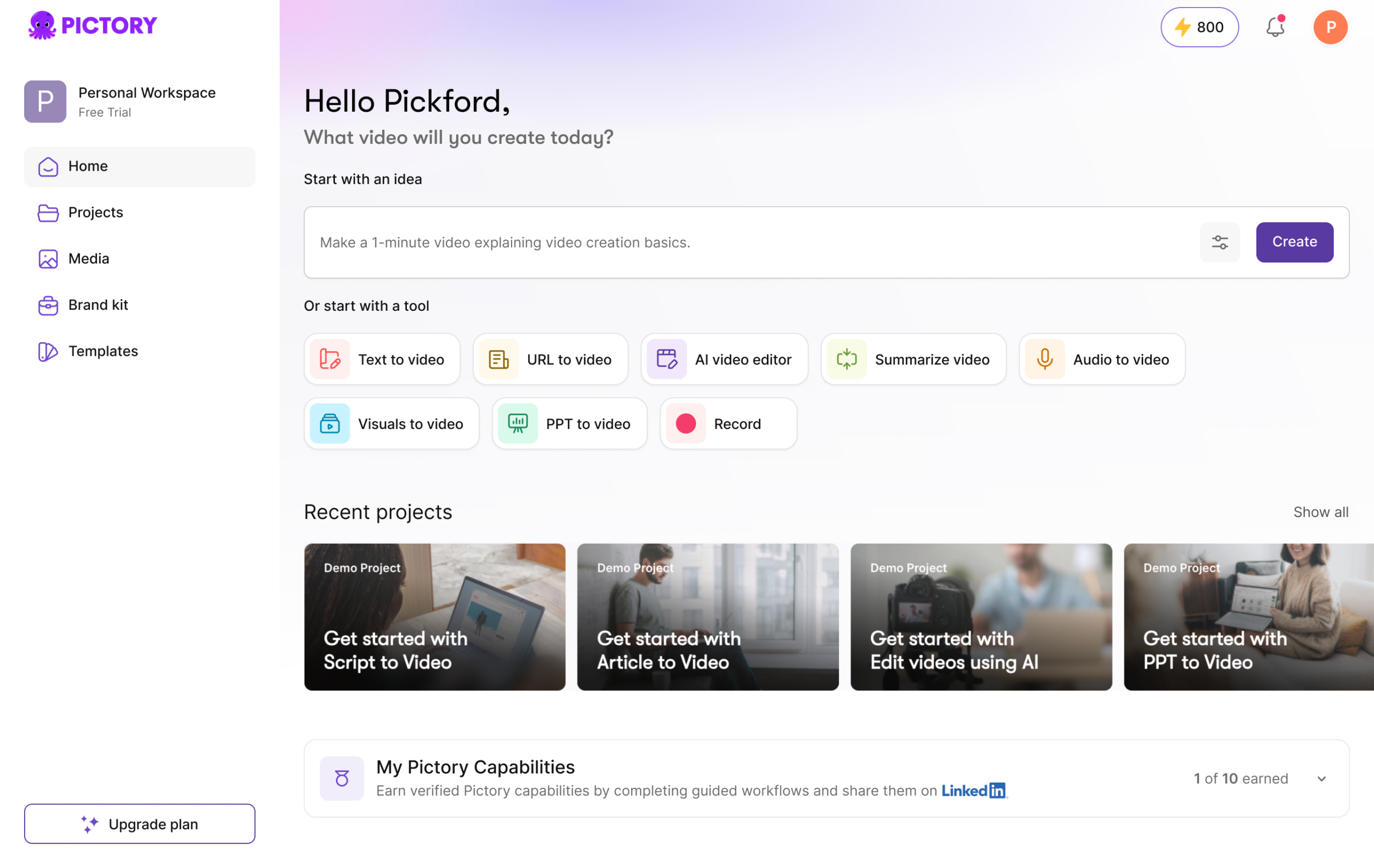 Pictory Dashboard Capabilities