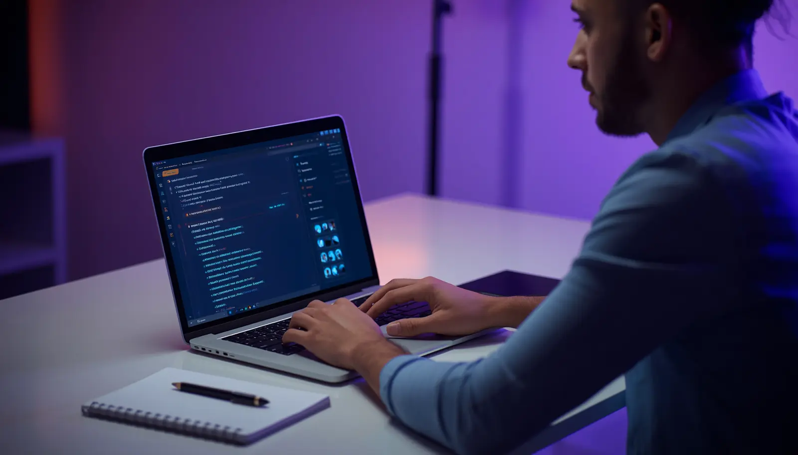 Marketer at a laptop with an AI-generated video script displayed on screen, warm violet-toned studio lighting
