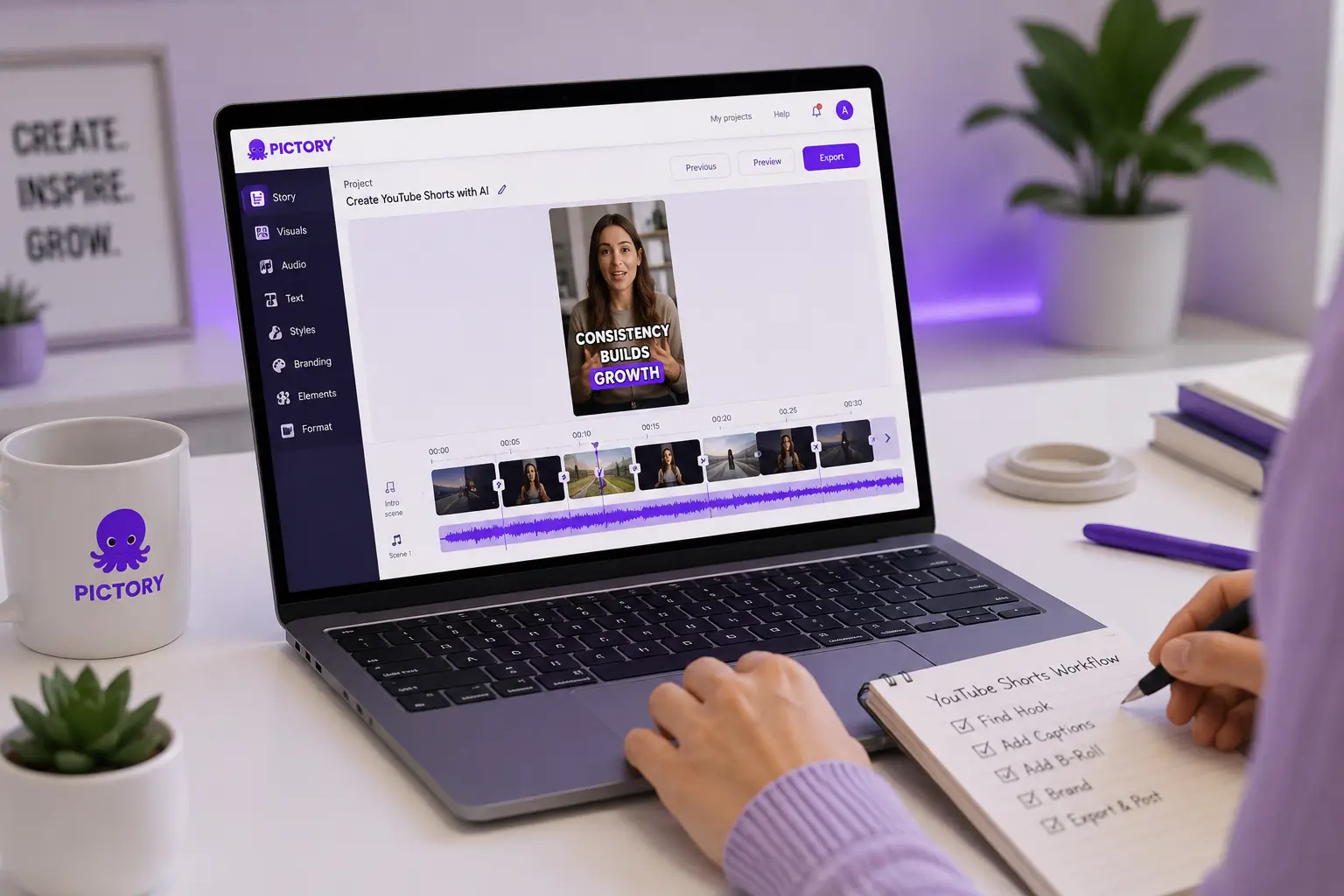 AI-powered eLearning video production workflow showing a laptop video editor converting training content into corporate learning videos.