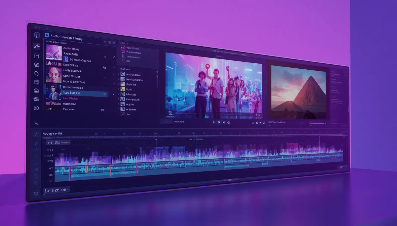 Pictory AI video editor showing the Audio tab with music library open and track applied to scenes.