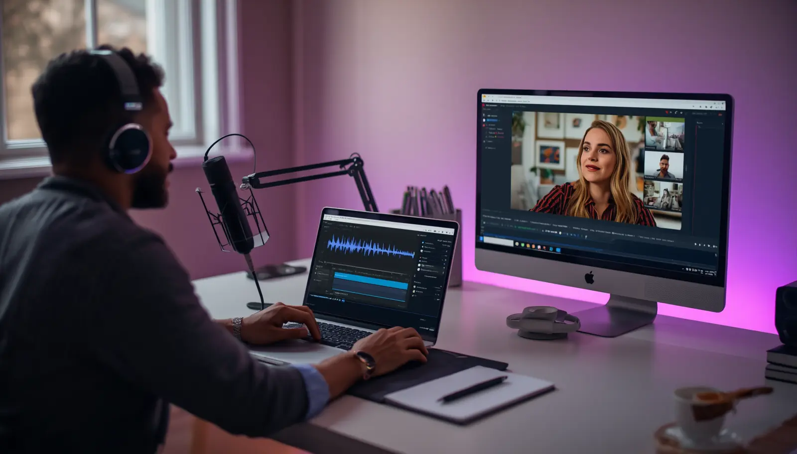 Marketer repurposing podcast audio into branded video content using AI