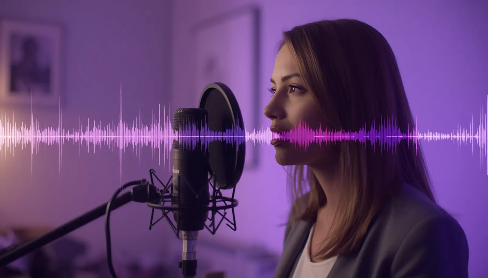 Person speaking into a microphone once, with AI waveform graphic showing voice being cloned for multiple videos