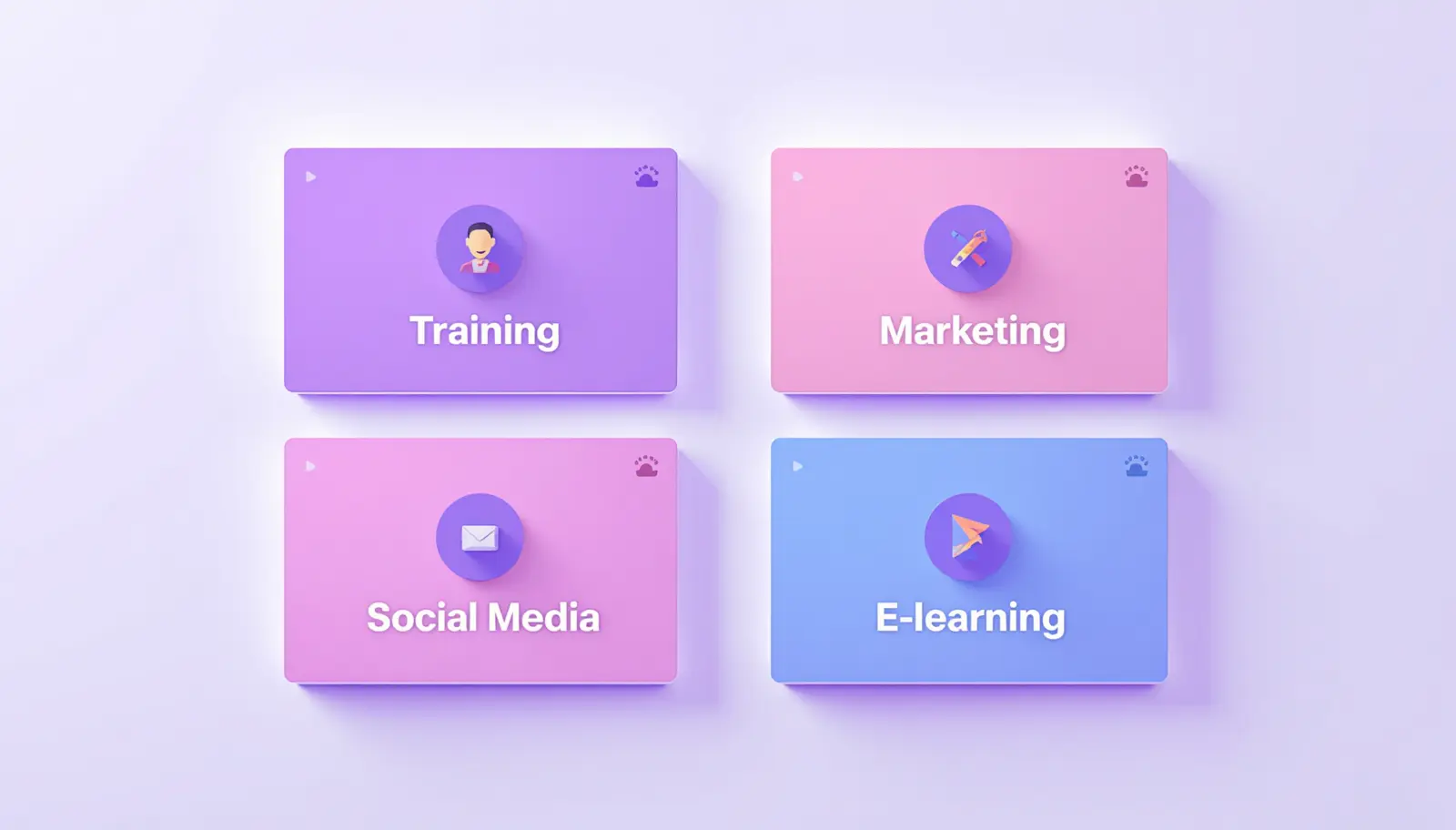 Split screen showing four AI avatar use cases: training, marketing, social media, and e-learning, each with a different scene layout
