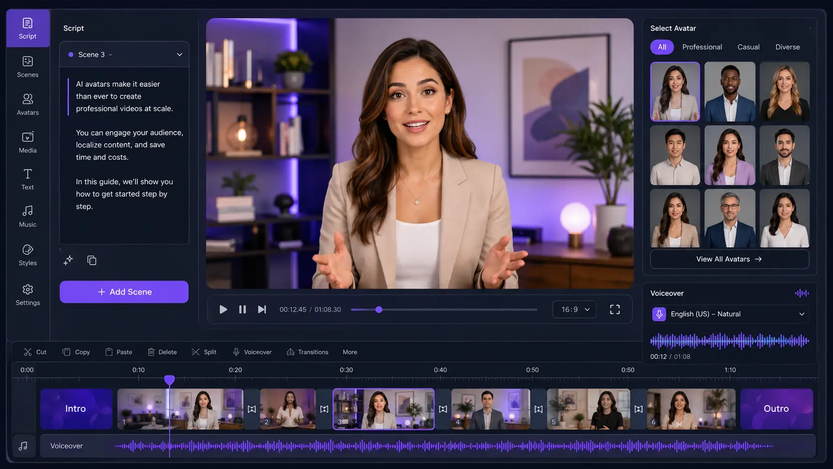 Professional AI avatar presenter appearing in a branded video scene inside a video editor interface