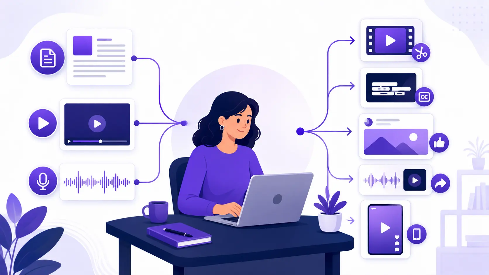 Content marketer turning one source asset into multiple repurposed formats