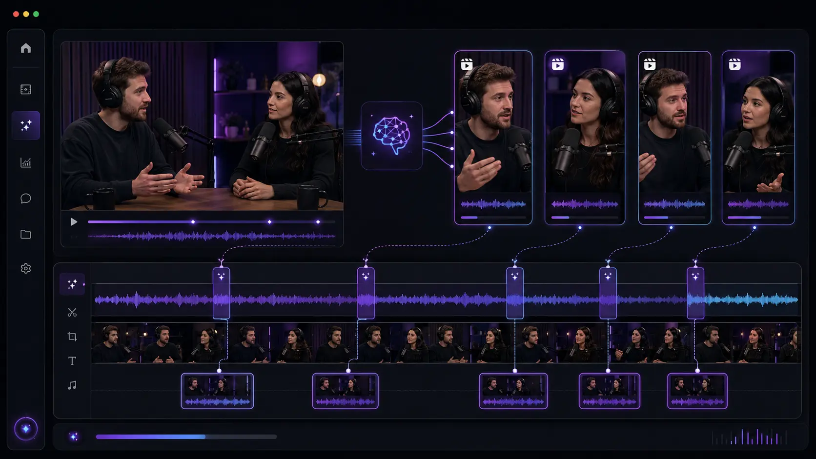 AI reel maker dashboard displaying automatic clip detection and extraction from a long podcast recording