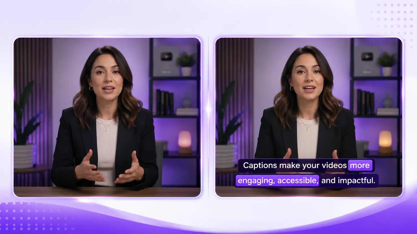Before and after comparison showing a video with AI-generated branded subtitles added automatically
