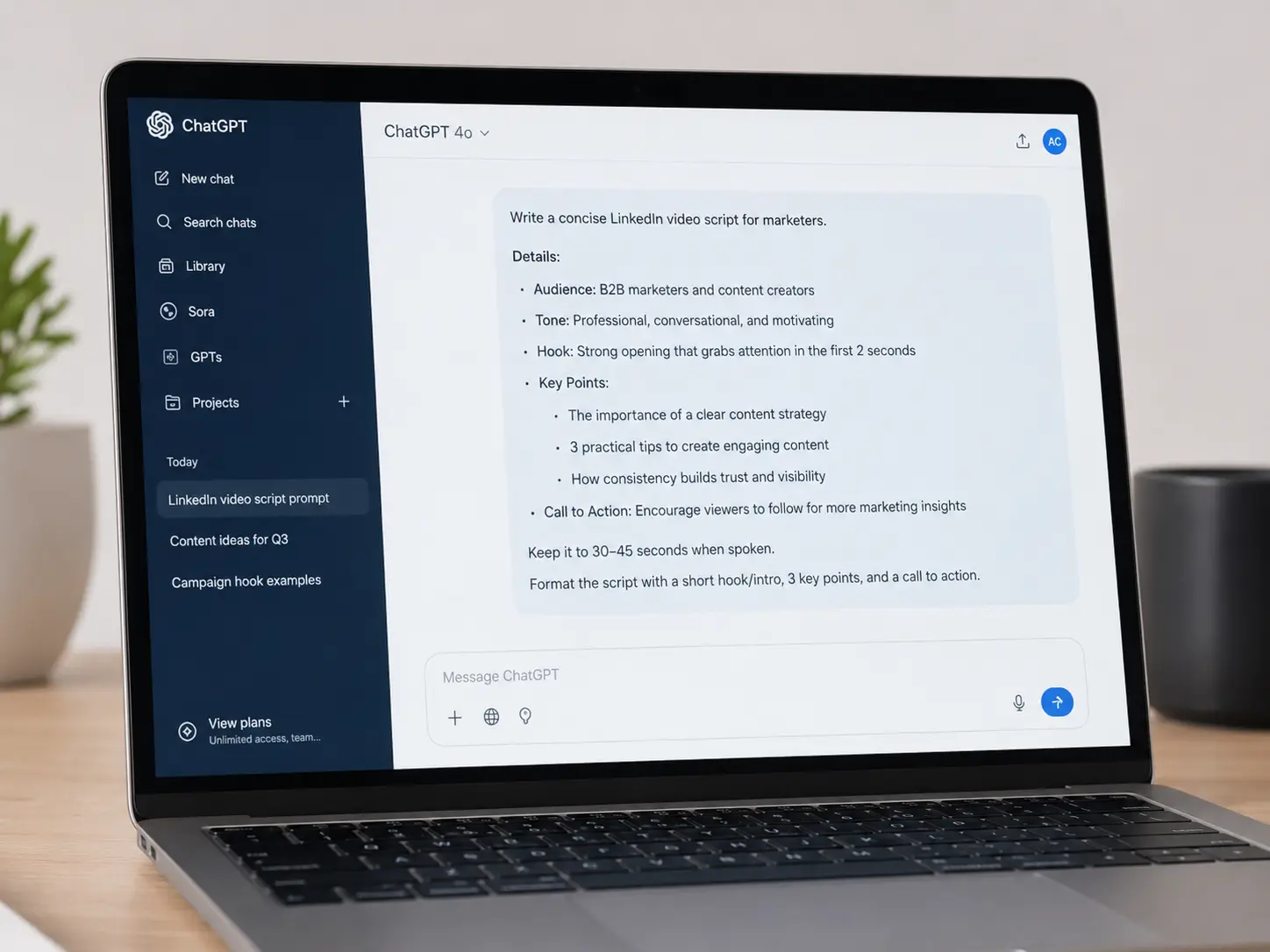 Laptop screen showing a structured ChatGPT prompt for a video script
