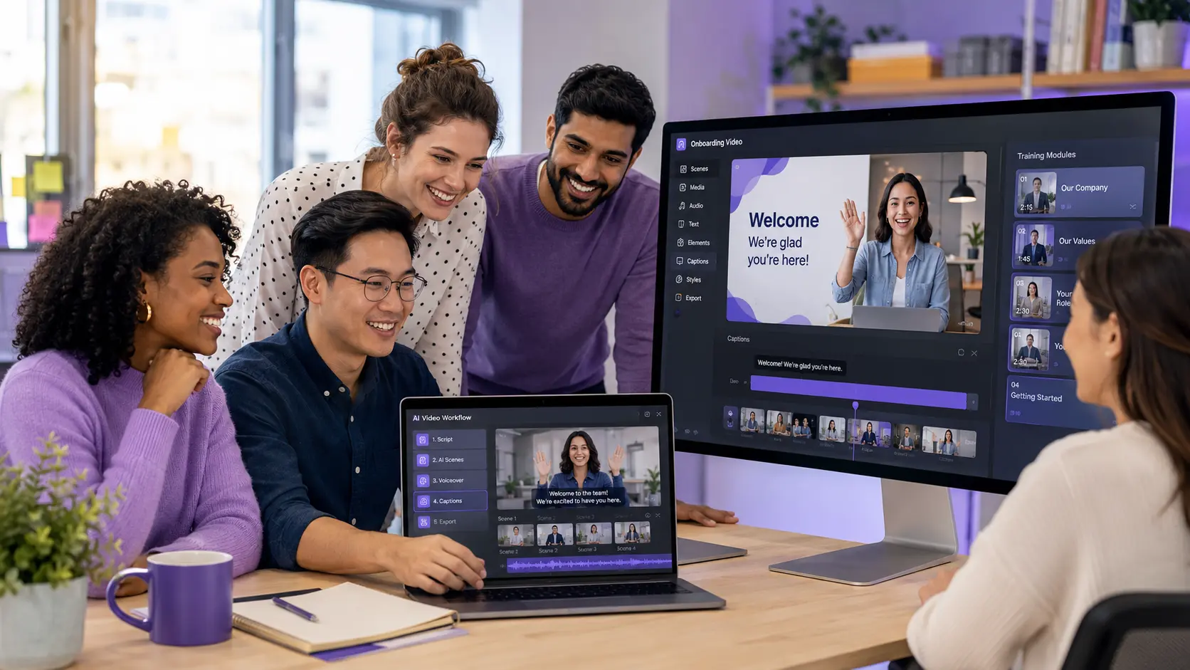 HR team building an employee onboarding video program using AI video tools