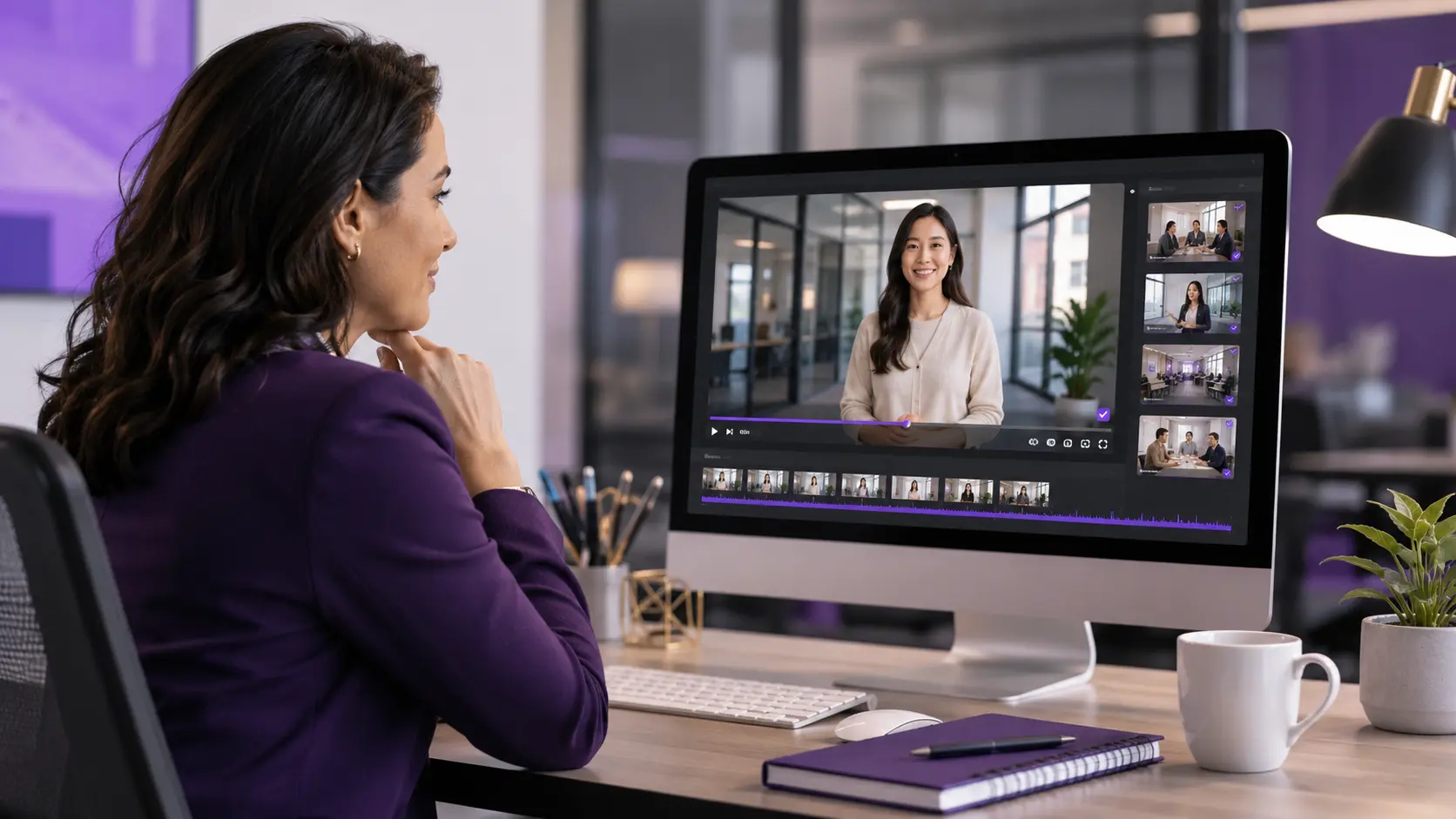 HR leader reviewing completed AI-generated employee onboarding video on enterprise LMS platform