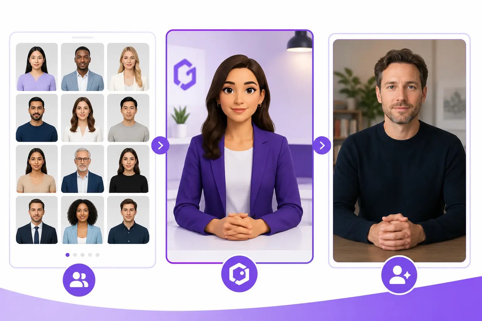  Three avatar types side by side: library avatar, custom avatar, and photo-based avatar showing diversity of digital presenters