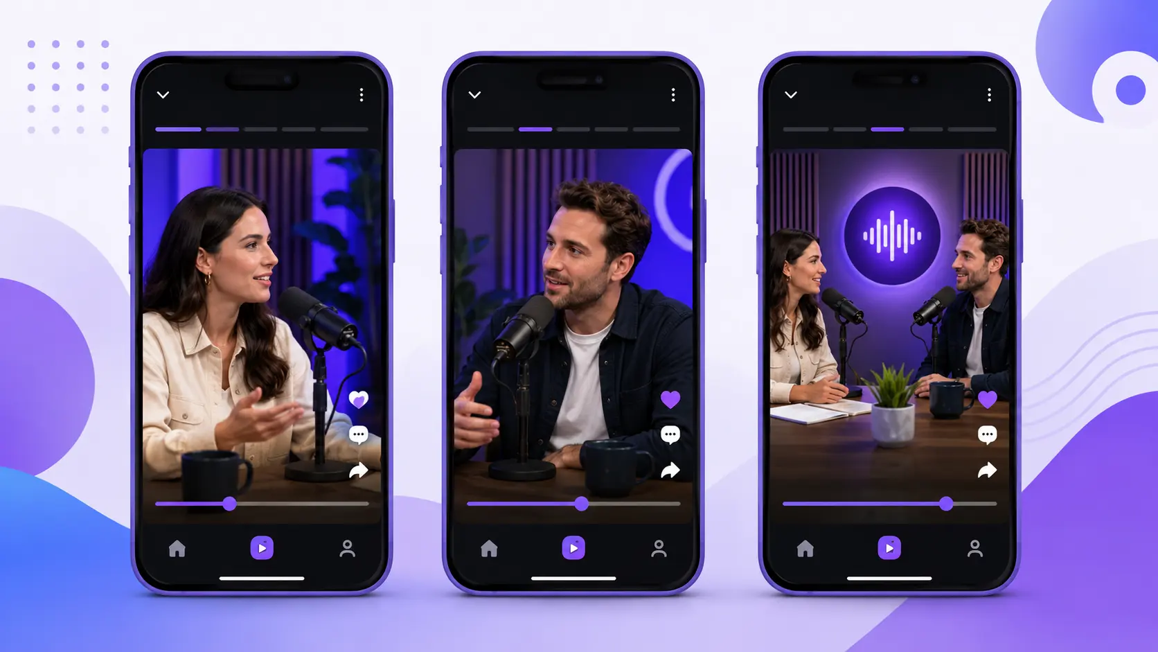 Three Instagram Reels created automatically from one podcast using Pictory's Highlights and Clips feature