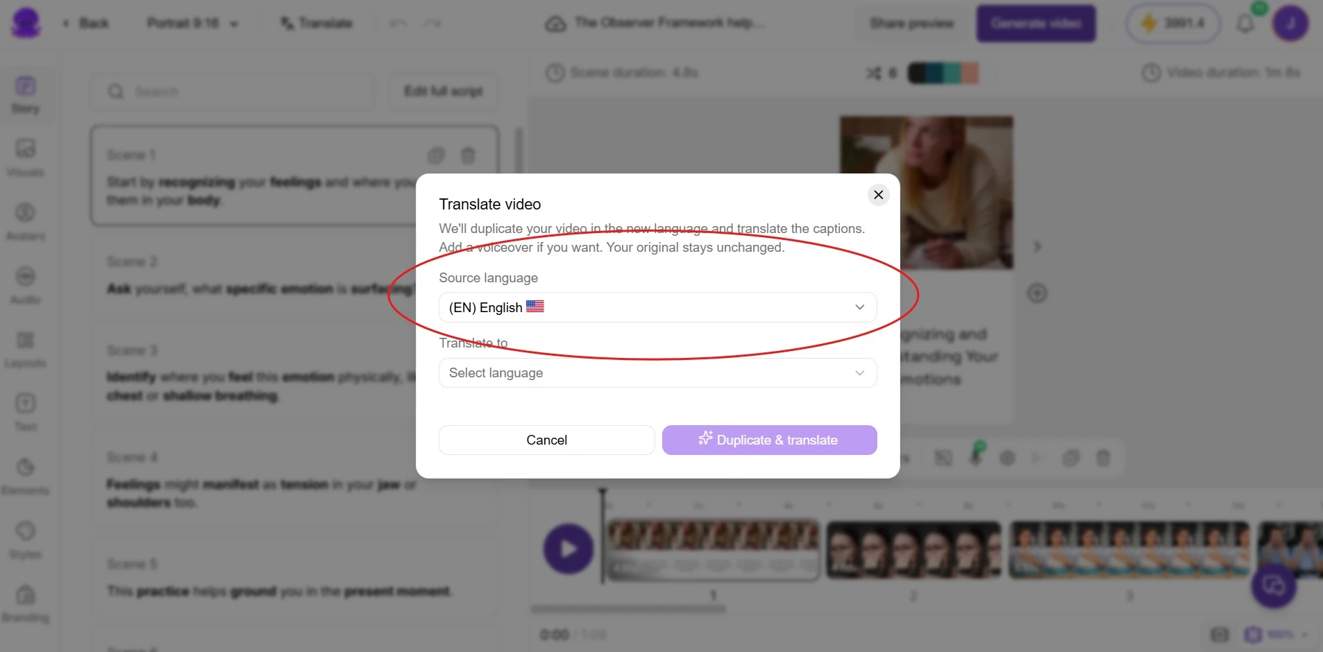 Pictory App - Translate Multiple Languages - Select source language