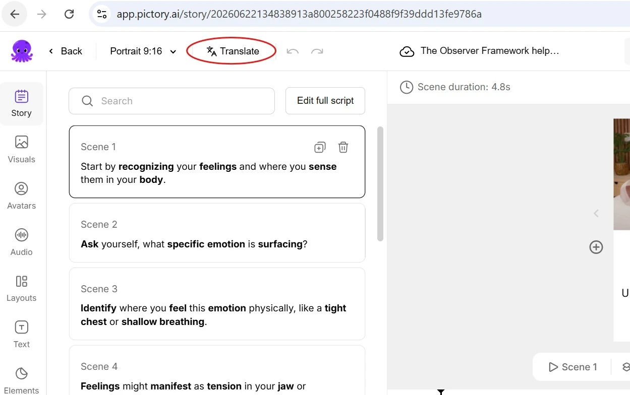 Pictory App - Translate Multiple Languages - Select Translate from the Storyboard