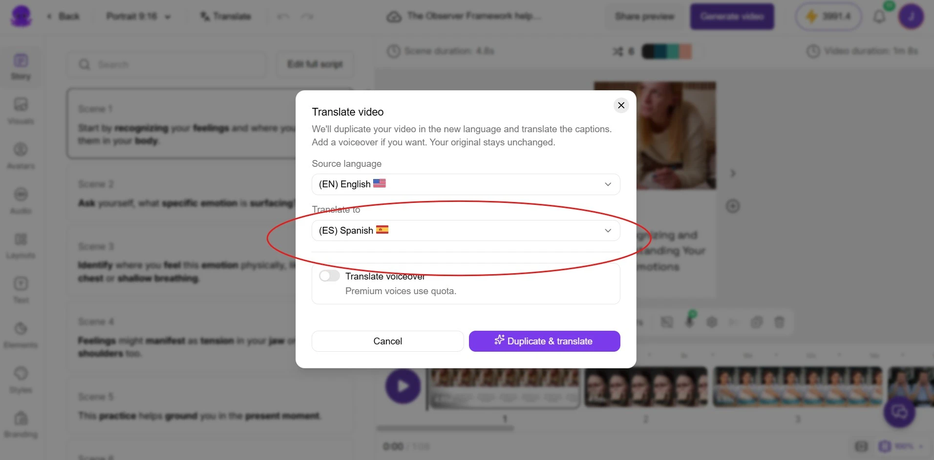 Pictory App - Translate Multiple Languages - Select target language