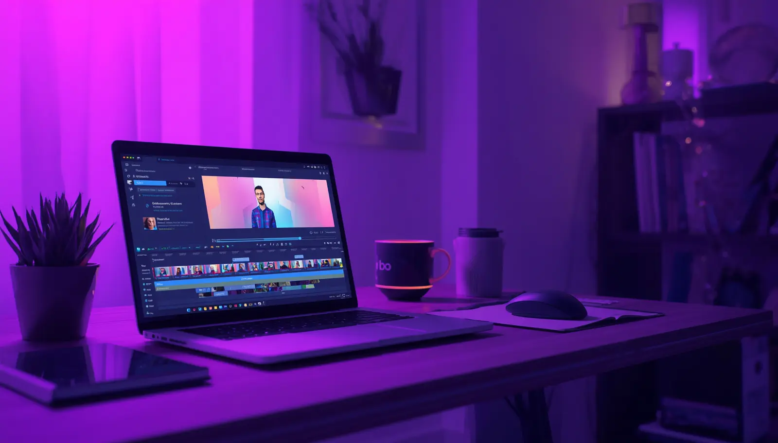 Desk scene showing a blog post turning into a finished video