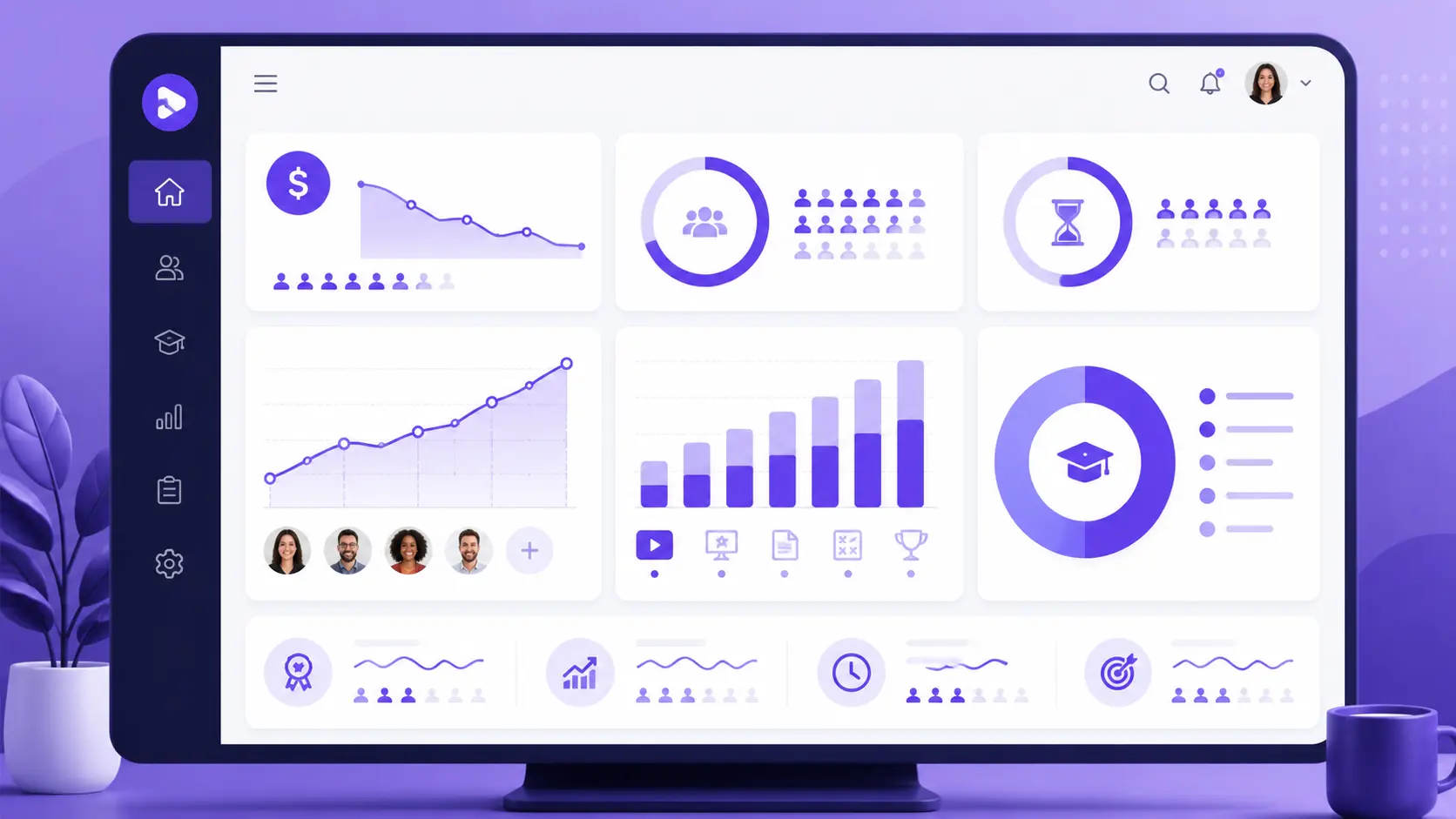 Training video ROI dashboard showing cost per learner and completion metrics
