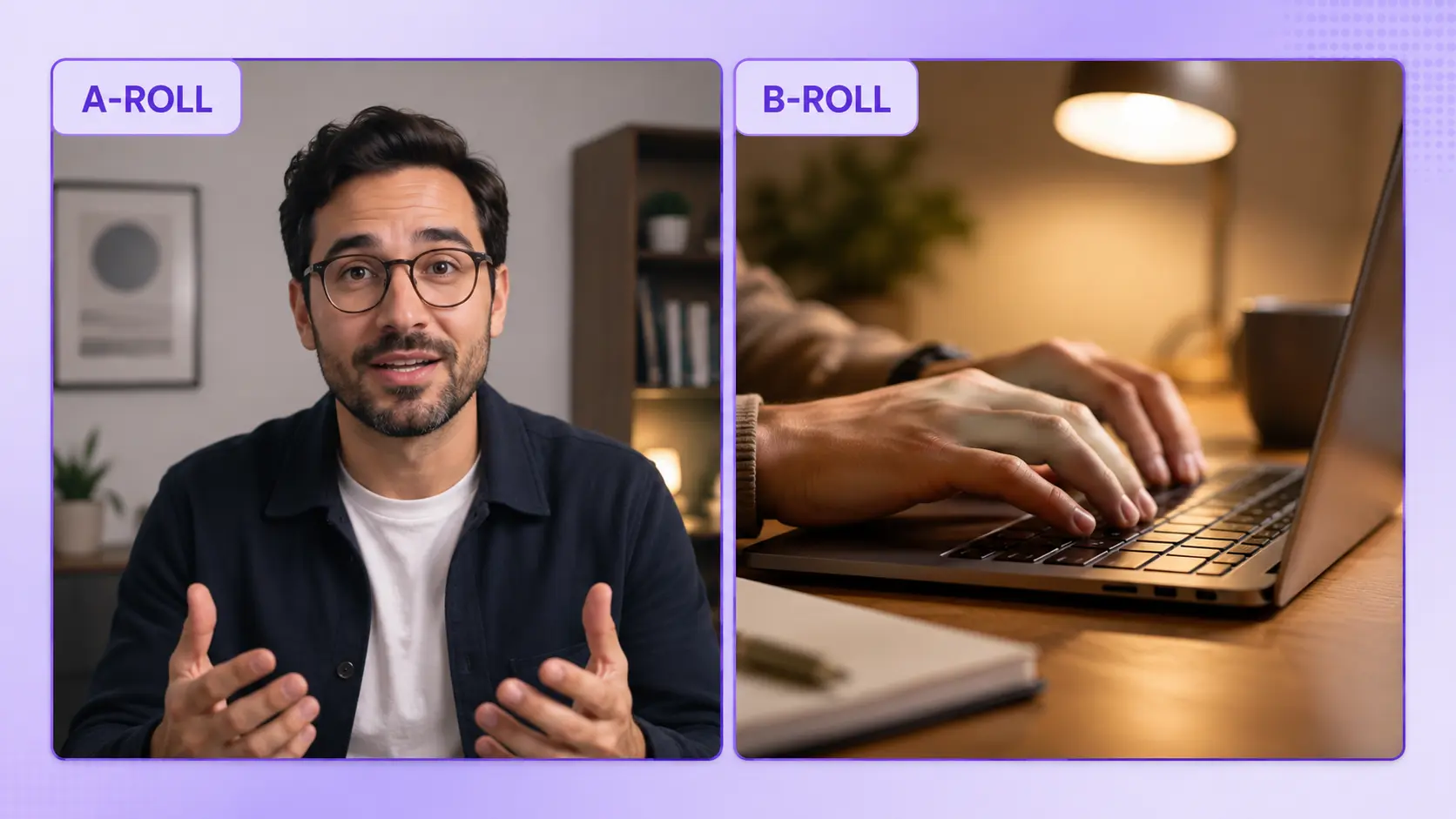 Split screen comparing A-roll talking head shot with a b-roll cutaway of hands typing on a laptop<