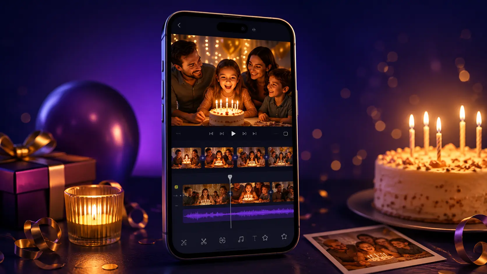 A phone screen showing a birthday video maker with a grid of family photos and a birthday cake in the top corner