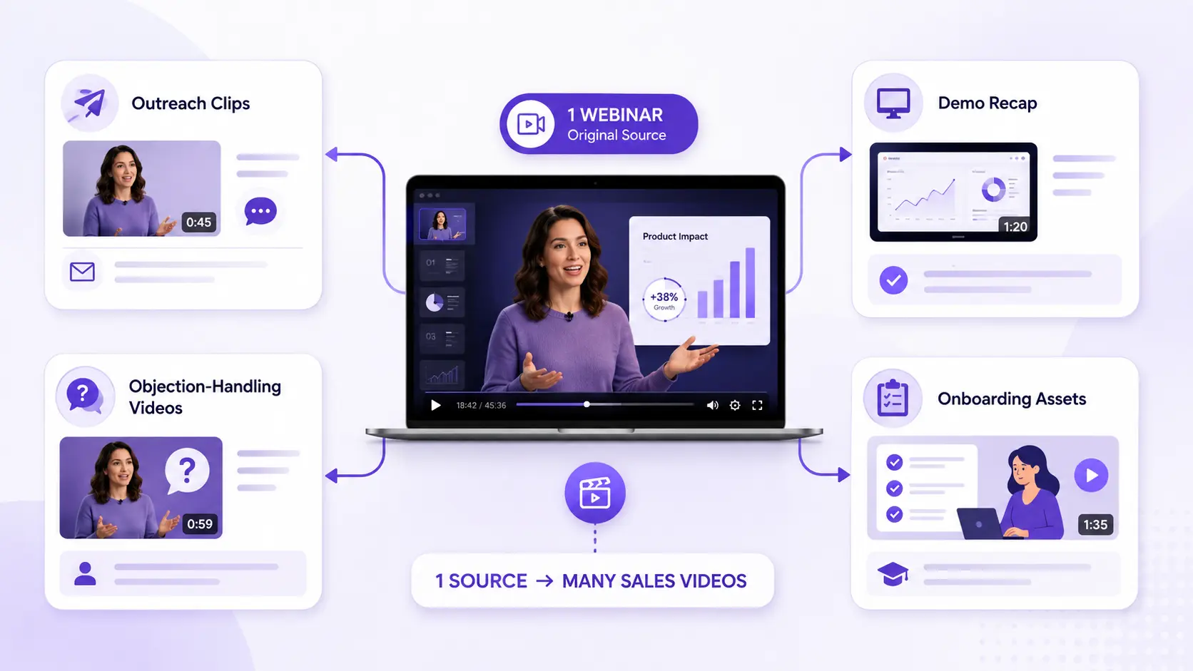 Workflow map showing how one sales webinar becomes outreach clips, demo recaps, objection videos, and onboarding assets.