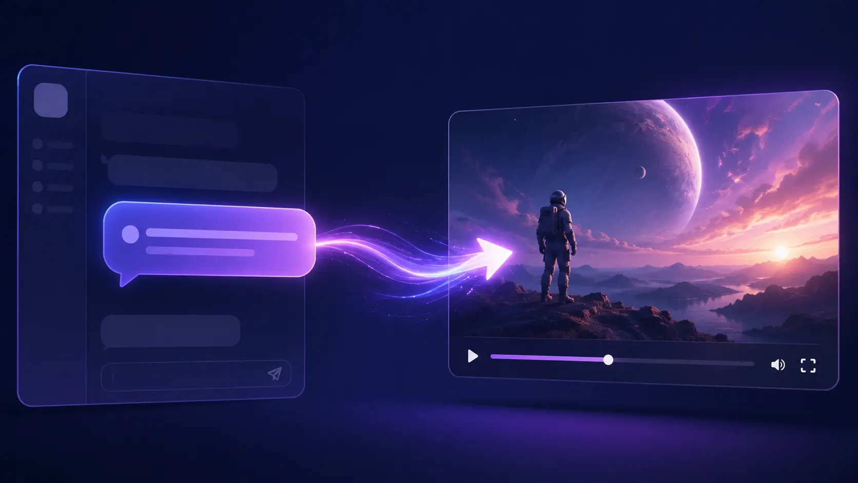 ChatGPT chat window on the left connected by an arrow to a video preview window on the right