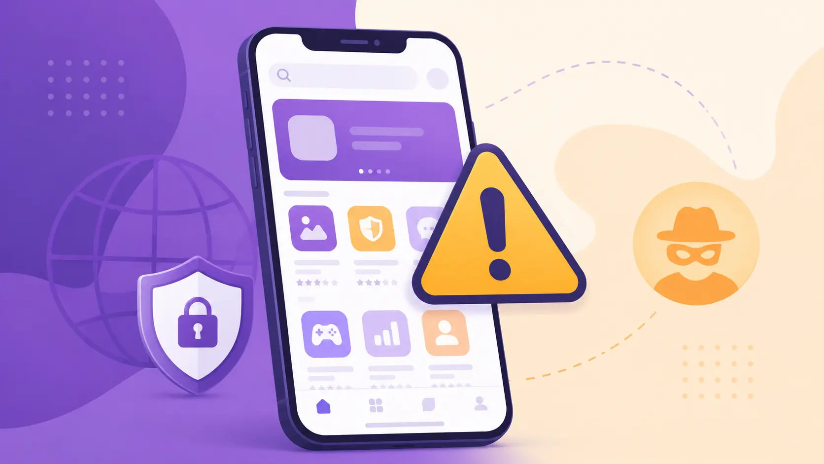 Warning illustration about fake mobile apps impersonating legitimate software brands