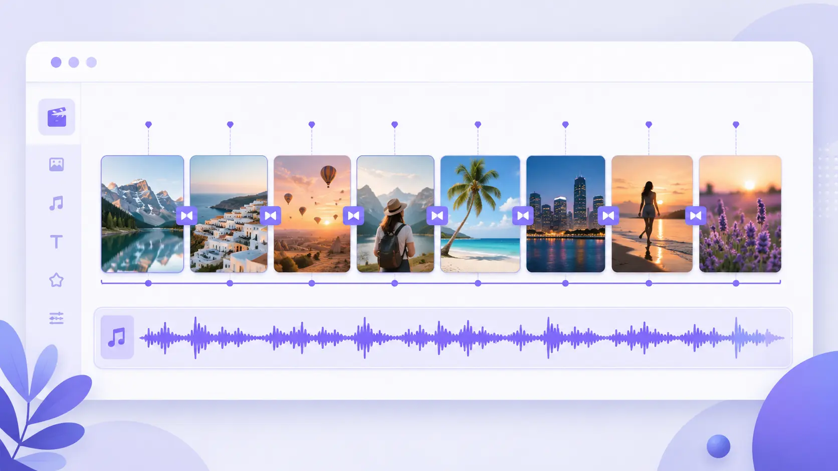 A row of photos arranged on a video timeline with a music track beneath