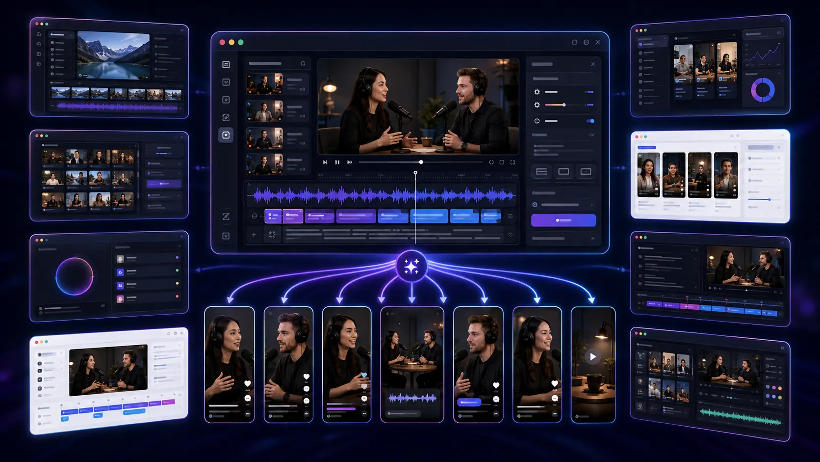 Side-by-side interface mockups of eight AI video clipping tools including Pictory and OpusClip