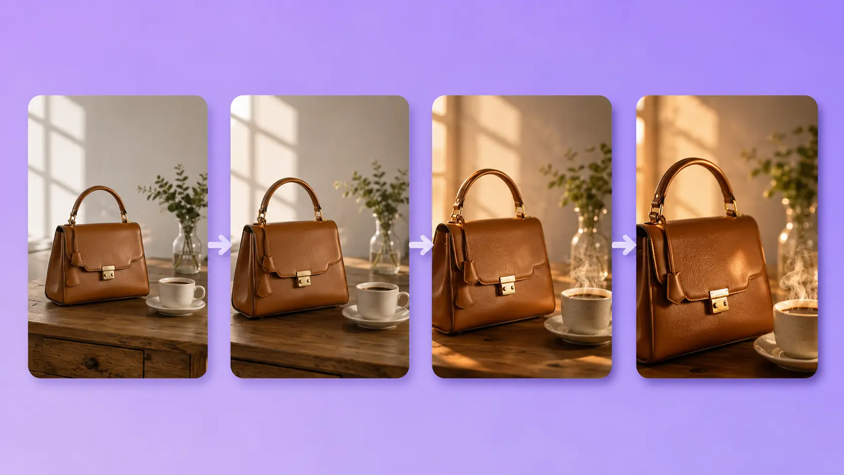 Four frame progression showing a still product photo transforming into short cinematic motion with camera zoom and light shift
