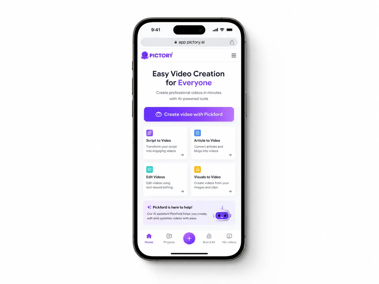 Pictory mobile home screen showing the Create video with Pickford button