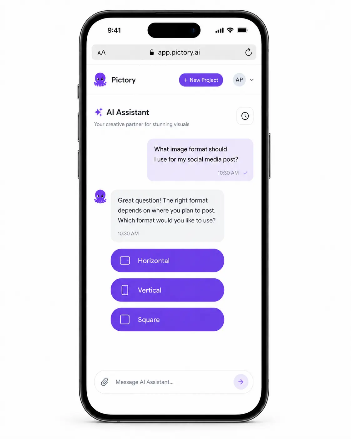 Pickford chat on mobile asking a user to choose aspect ratio with tappable option buttons