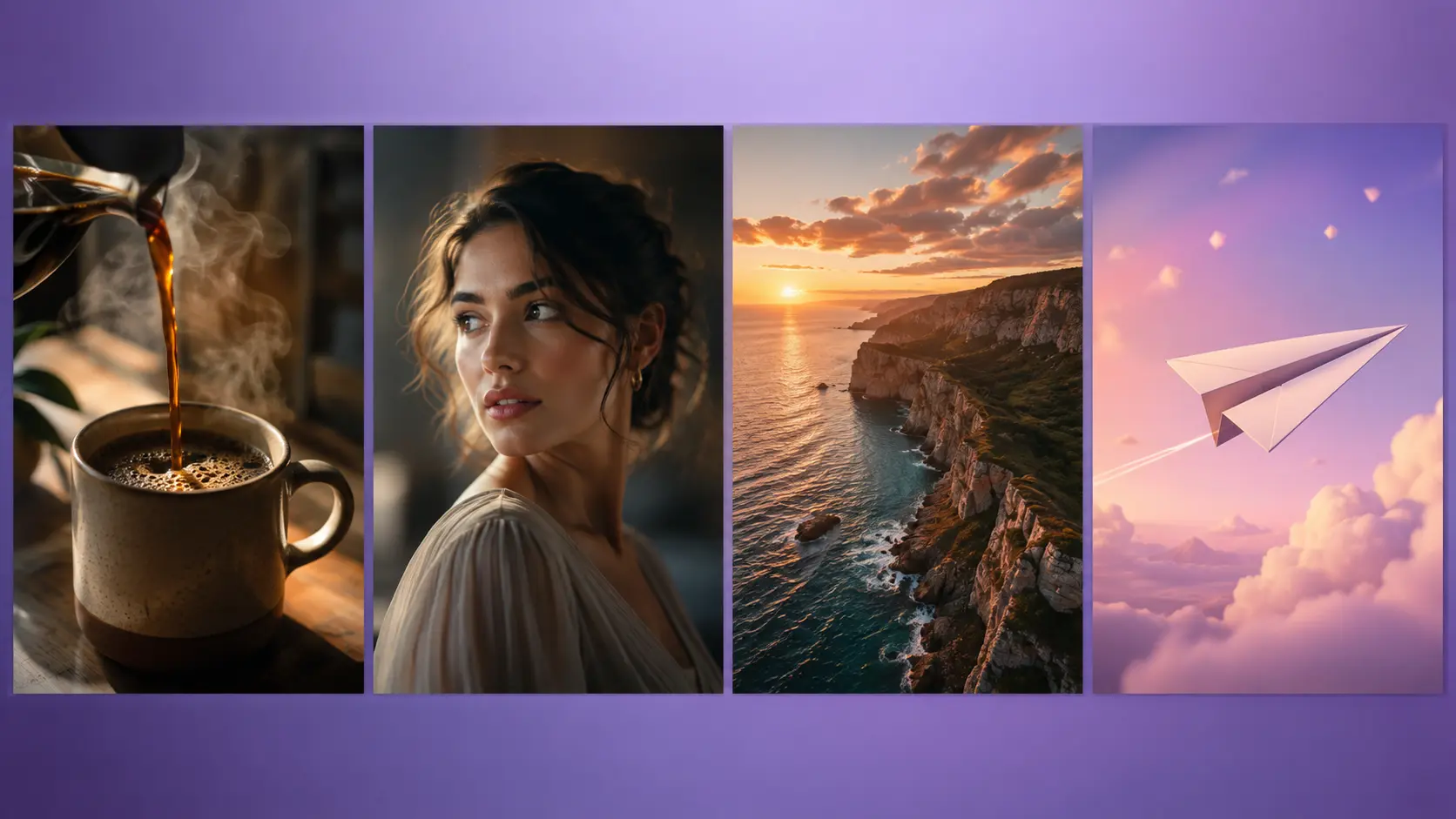 Four Pixverse AI video stills side by side showing cinematic product, portrait, landscape and animation styles