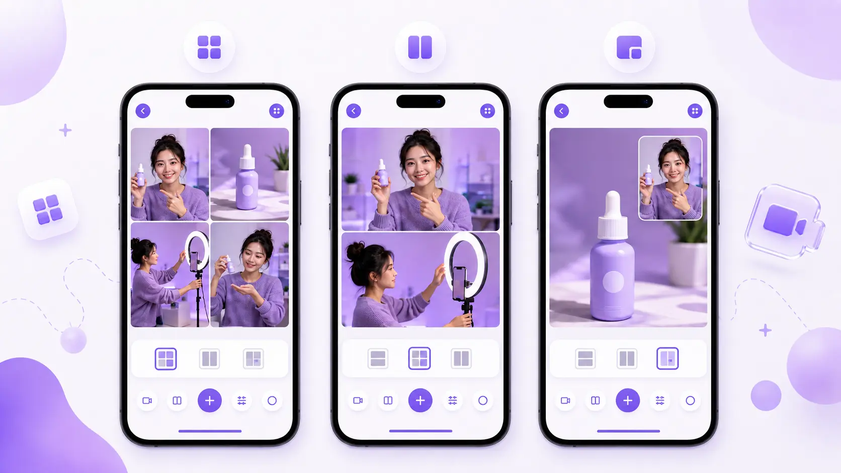 Comparison of grid, split-screen, and picture-in-picture collage layouts