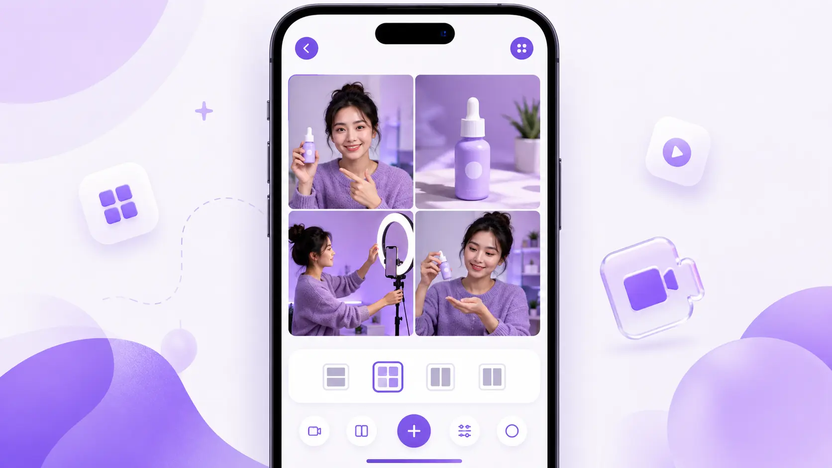 Video collage maker grid layout shown on a smartphone screen