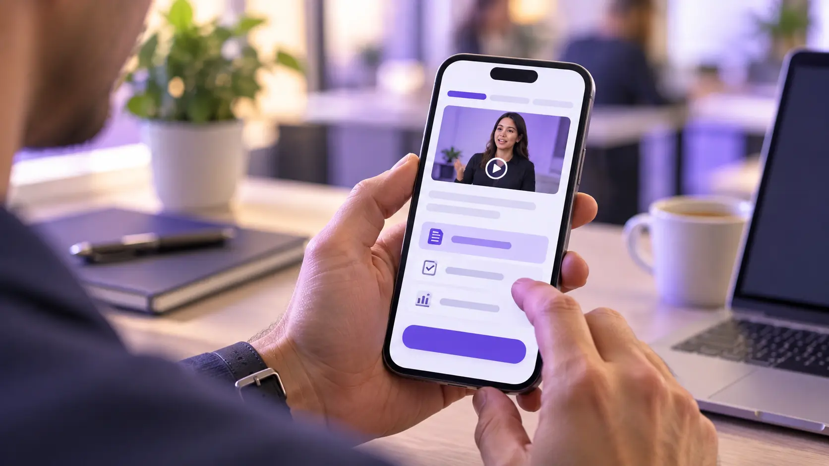 Employee completing a short training module on a phone between tasks