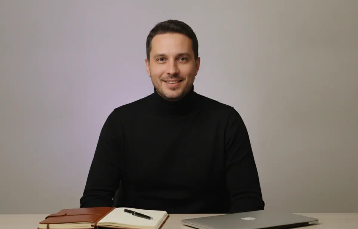 Ad agency creative at his desk after turning a script into a video ad with Pictory