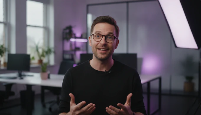 An agency creative director in a client video narrated by an approved presenter voice clone