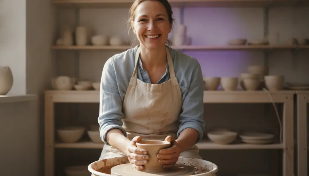An AI-generated image of a potter shaping a bowl in a sunlit studio, made from a text prompt in Pictory AI Studio
