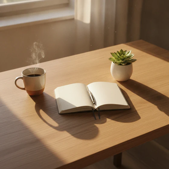 A tidy desk with a notebook, a plant and a coffee cup, made with Nano Banana in Pictory