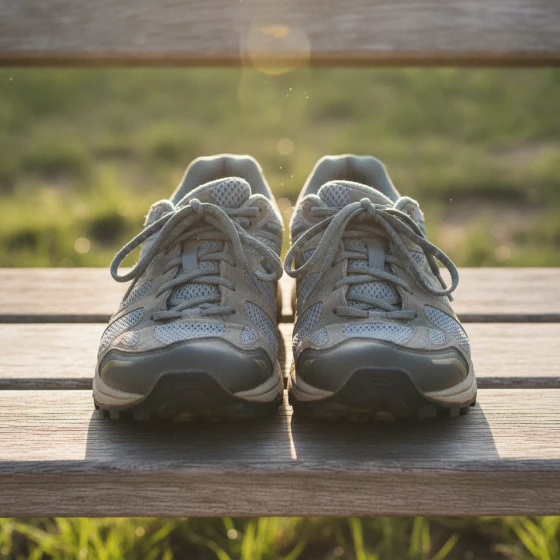 A pair of running shoes on a wooden bench, made with Nano Banana in Pictory